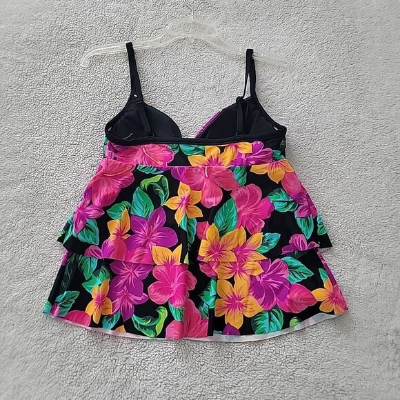 Beach Diva Tankini Swimsuit Ruffle Top ~ Sz 10 ~ Black ~ Floral - Picture 3 of 6